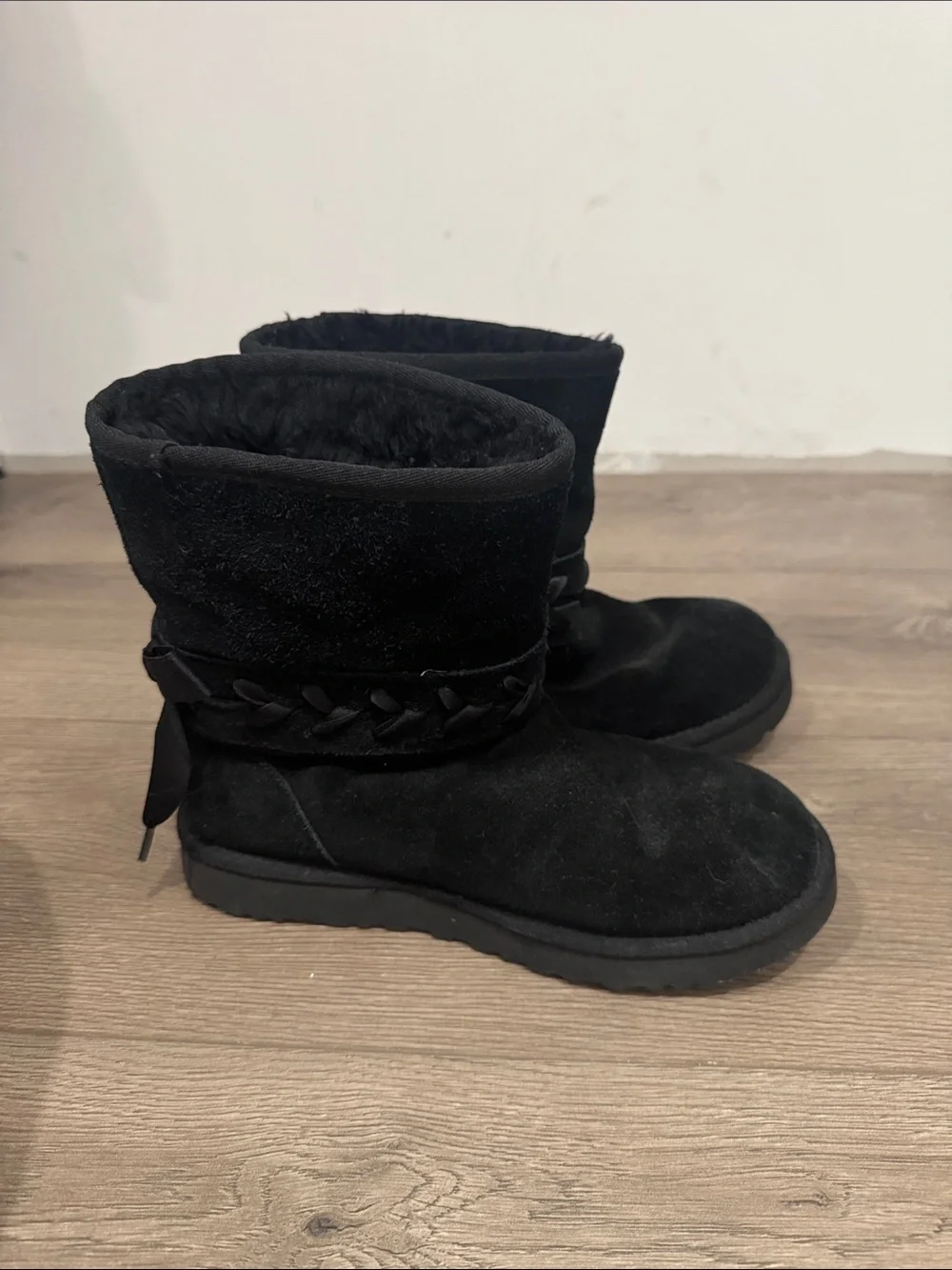 UGG Black Suede Girls Winter Boots with Braided Trim